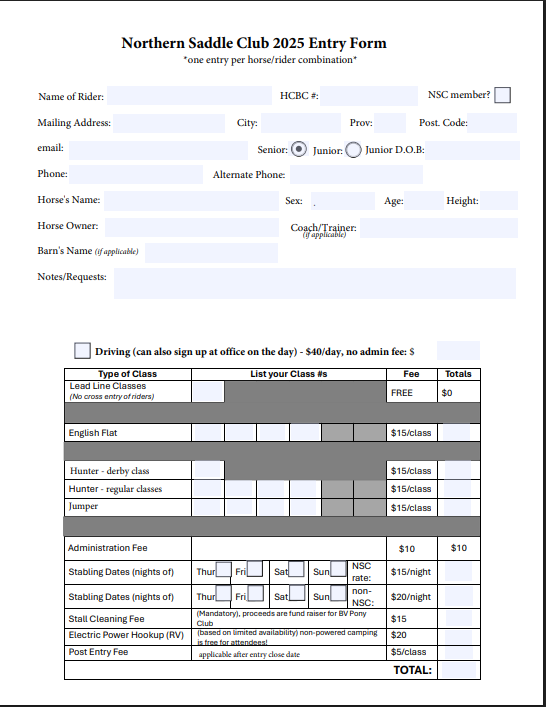 NSC Spring Show Entry Form